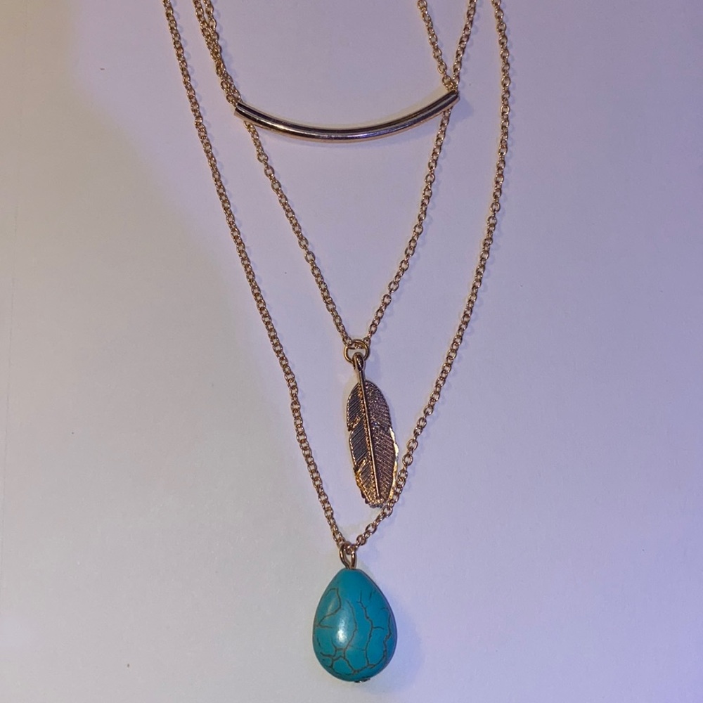 NWOT Feather and turquoise layered necklace